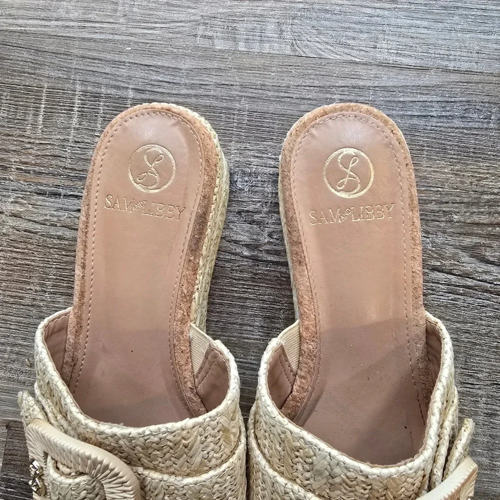 Sam & Libby Womens Beige Woven Raffia Platform Slide Sandals Buckle Size 7